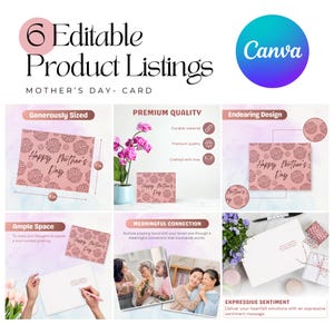 May include: A pink card with a floral pattern and the text "Happy Mother's Day". The card is 5 inches wide and 7 inches tall. The card is part of a set of 6 editable product listings for Mother's Day.