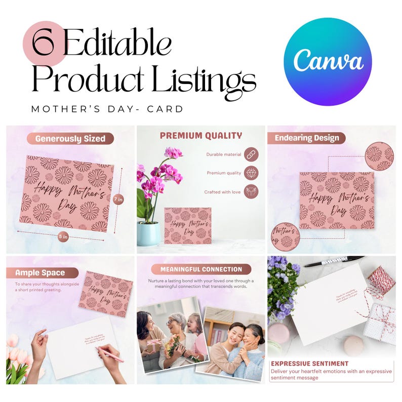 May include: A pink card with a floral pattern and the text "Happy Mother's Day". The card is 5 inches wide and 7 inches tall. The card is part of a set of 6 editable product listings for Mother's Day.