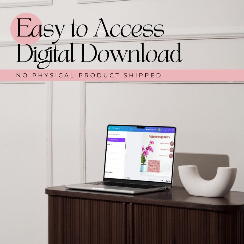 May include: A laptop computer on a wooden table with a white ceramic sculpture. The laptop screen shows a digital product with a pink orchid and the text "Premium Quality".