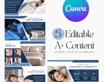 Contenuti Amazon A+ EBC Design per federe di lusso, modelli Amazon A+, EBC Design, federe in seta, cuscini in raso, CANVA, inserzione Amazon