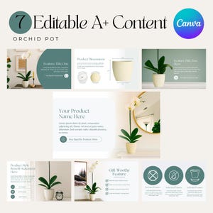 Puede incluir: Una imagen que muestra una presentación sobre macetas para orquídeas. El texto incluye "7 Editable A+ Content" y "ORCHID POT". La presentación presenta dimensiones del producto, títulos de funciones y una sección para el nombre del producto. El diseño incorpora un esquema de color verde azulado y crema.