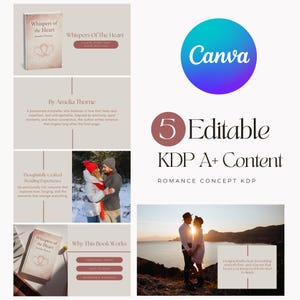 Puede incluir: Un gráfico de marketing digital para una novela romántica, con una portada de libro, texto e imágenes. La portada del libro muestra el título "Whispers of the Heart" y el nombre del autor. El gráfico incluye el logotipo de Canva y el texto "5 Editable KDP A+ Content".