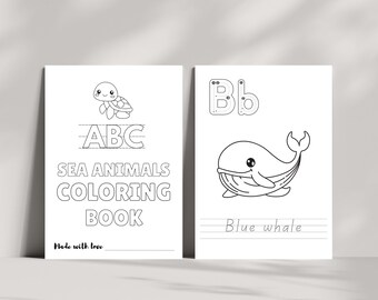 Sea Animals Coloring Book Baby Shower Game Activity Printable | ABC | Tracing Pages |  Kids Kindergarten Digital Coloring Pages for Download