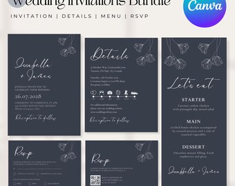4 in 1 Minimal Custom Wedding Invitation suite Template, Minimalistic Wedding Invitations, Menu Template, RSVP Card QR, Details Card, Canva