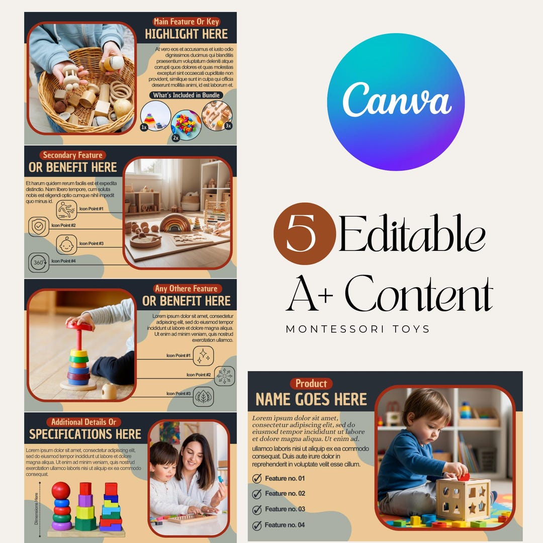 Amazon A Plus Content Template for Montessori Toys, Canva Editable EBC