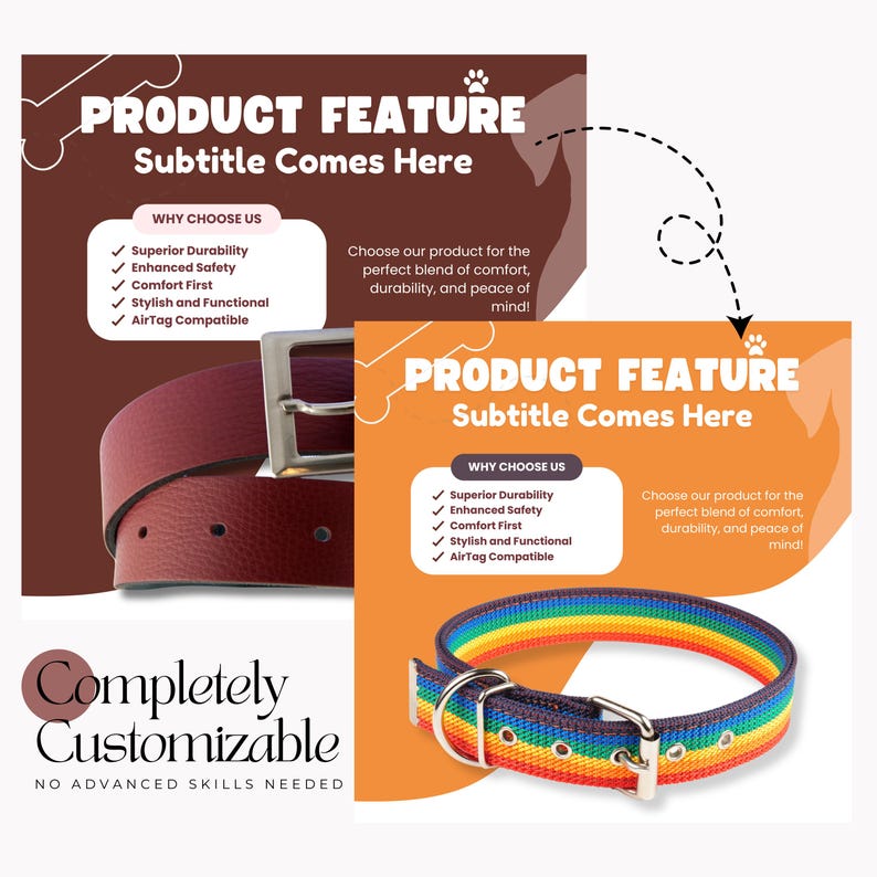 May include: A burgundy leather belt with a silver buckle and a rainbow-striped dog collar with a silver ring. The image includes text that reads "Product Feature" and "Completely Customizable."