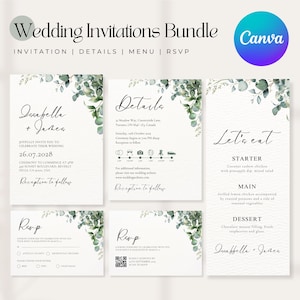 4 w 1 Szablon zaproszenia ślubnego z akwarelowymi liśćmi, minimalistyczne zaproszenia ślubne, szablon menu, kod QR karty RSVP, karta szczegółów, Canva