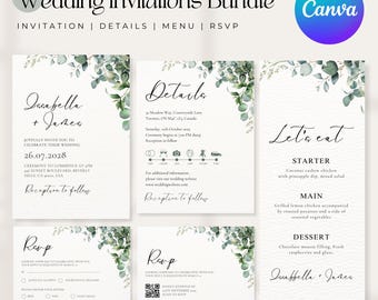 4 in 1 Watercolor Leaves Wedding Invitation Template, Minimalistic Wedding Invitations, Menu Template, RSVP Card QR, Details Card, Canva