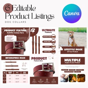 May include: A graphic advertising editable dog collar product listings. The image includes product features, infographics with measurements, and lifestyle images. The collars are a deep red with silver buckles.