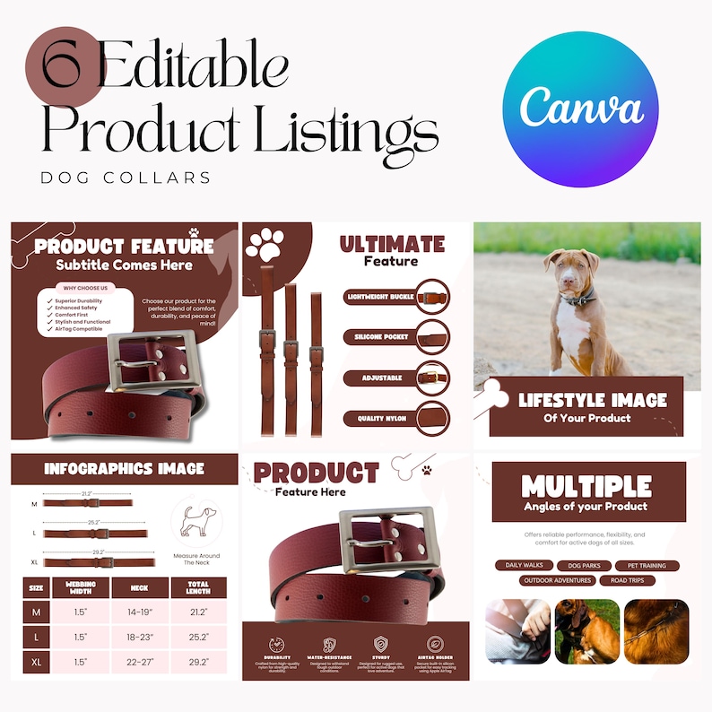 May include: A graphic showcasing editable dog collar product listings. The image includes product features, infographics with measurements, and lifestyle images. The collars are a deep red with silver buckles.