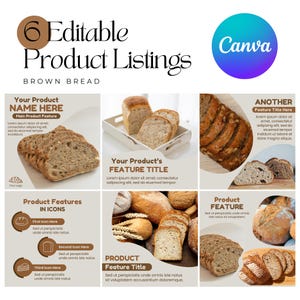 May include: A template for Etsy product listings, showcasing various types of brown bread. The design includes editable sections for product details, feature titles, and icons, with a Canva logo in the top right corner.