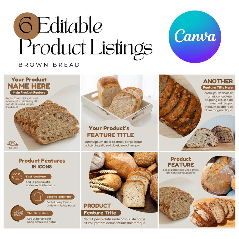 May include: A template for Etsy product listings, showcasing various types of brown bread. The design includes editable sections for product details, feature titles, and icons, with a Canva logo in the top right corner.