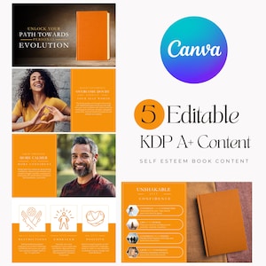 May include: An orange book with the text "UNLOCK YOUR PATH TOWARDS PERSONAL EVOLUTION" and "5 Editable KDP A+ Content SELF ESTEEM BOOK CONTENT". The image also includes the Canva logo and photos of people.
