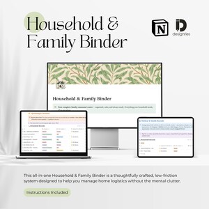 May include: A digital Household & Family Binder displayed on a laptop, desktop monitor, and tablet. The screens show a green and white leaf design and the words "Household & Family Binder". The text "Instructions Included" is at the bottom.