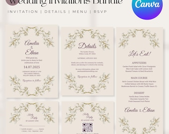 4 in 1 Floral Custom Wedding Invitation suite Template, Minimalistic Wedding Invitations, Menu Template, RSVP Card QR, Details Card, Canva