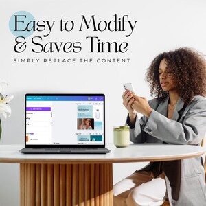 May include: A person using a laptop computer with a white background. The laptop screen shows a design template with the text "Designed by Glow. Anything." The text "Easy to Modify & Saves Time" is displayed above the laptop. The text "SIMPLY REPLACE THE CONTENT" is displayed below the laptop.