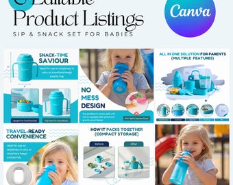 Amazon Listing Canva Template for Baby Sip and Snack Set, Editable Product Images, Digital Mockup Design, FBA Seller Tools, Baby Feeding