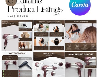 Amazon Listing Images Template for Hair Dryer, Canva Editable E Commerce Design, Product Image Template for Beauty and Hair Sellers