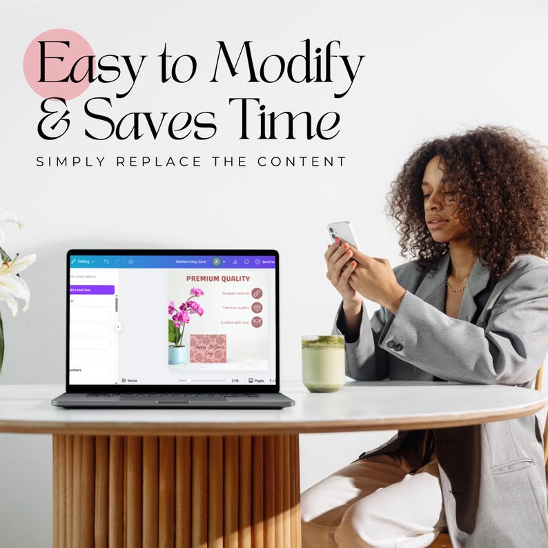 May include: A person using a laptop to edit a digital design for a Mother's Day card. The design features a pink orchid plant in a pot and the text "Premium Quality".