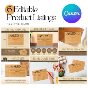 May include: A collection of six editable recipe card product listings. The cards are brown with a vintage design, featuring spaces for title, servings, prep time, cook time, and ingredients. The text includes "Spacious Dimensions," "Premium Quality," and "Perfect Gift."