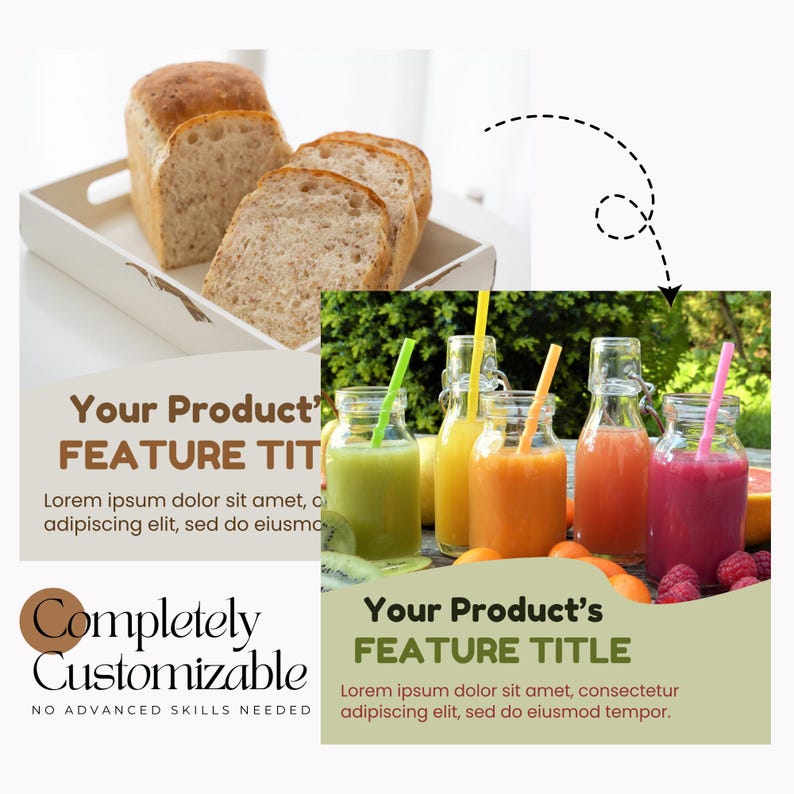 May include: A loaf of sliced bread and several glass bottles filled with colourful juices and smoothies. The bottles have straws and are arranged with fruit and vegetables. The image includes text that says "Your Product's FEATURE TITLE".