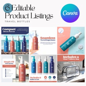 May include: An advertisement for travel bottles. The image shows six different product listings with various travel bottles in blue, coral, and navy colours. The text includes "6 Editable Product Listings" and "Travel Bottles."