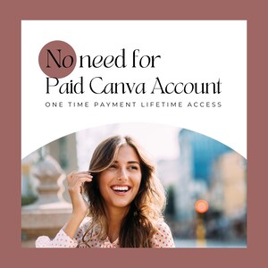 May include: Image with text that reads "No need for Paid Canva Account" and "ONE TIME PAYMENT LIFETIME ACCESS". A smiling woman is in the foreground. The background is blurred with a city scene.