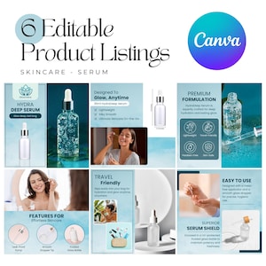 May include: Six product listings for a skincare serum called Hydra Deep Serum. The serum is packaged in a frosted glass bottle with a dropper. The product description highlights features like lightweight, silky smooth, travel-friendly, and easy to use. The serum is designed to provide deep hydration and a lasting glow.