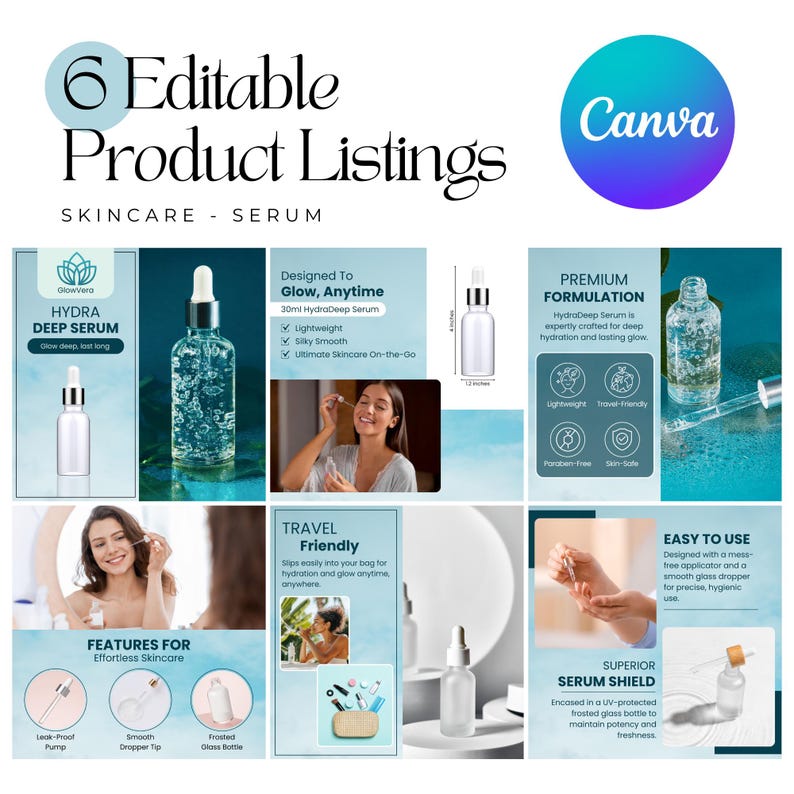 May include: Six product listings for a skincare serum called Hydra Deep Serum. The serum is packaged in a frosted glass bottle with a dropper. The product description highlights features like lightweight, silky smooth, travel-friendly, and easy to use. The serum is designed to provide deep hydration and a lasting glow.