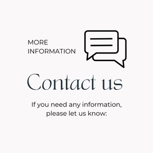 May include: Black and white illustration of two speech bubbles with the text "Contact us" and "If you need any information, please let us know:" below.