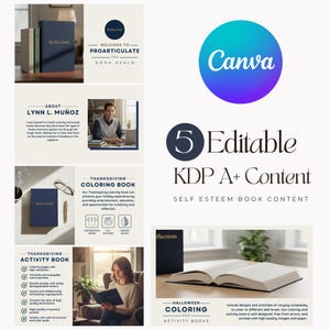 Può includere: Immagine promozionale con il titolo "Reflections" e il logo Canva. L'immagine include testo su libri da colorare, libri di attività e contenuti sull'autostima. L'immagine include anche una foto di una persona che legge un libro.