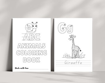 27 Pages A-Z Animals Coloring Book, ABC Alphabet Book, Black White Theme, Baby Shower Game or Activity, Tracing Pages, Printable