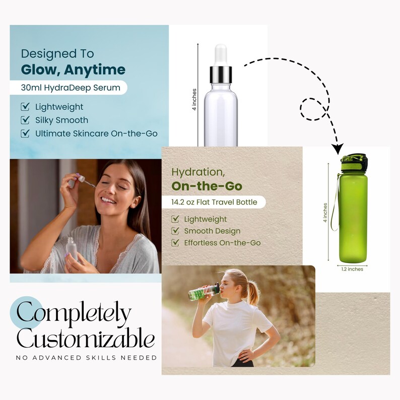 May include: Two bottles, one clear glass serum bottle with a dropper and a green plastic water bottle with a green carrying strap. Both bottles are labeled with text about their features and sizes. The text says "30ml HydraDeep Serum" and "14.2 oz Flat Travel Bottle".