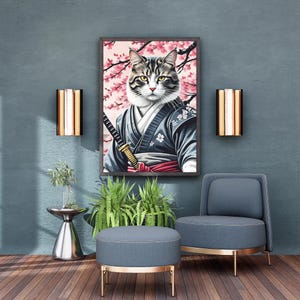 Samurai Cat Art, Japanese Ink-Wash Painting, Cherry Blossom Backdrop, Digital Download & Scroll Print, Warrior Feline Decor