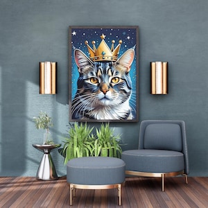 Sternenkronen-Katzenkunst, himmlisches Katzenporträt, Marine-Himmelsmalerei, digitaler Download & Glühen-Druck, verträumtes Haustierdekor