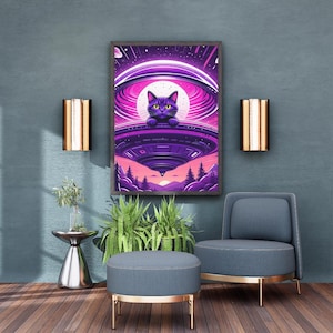Alien Cat Art, UFO Joyride Portrait, Vibrant Purple/Pink Space, Digital Download & Glow Print, Whimsical Sci-Fi Decor
