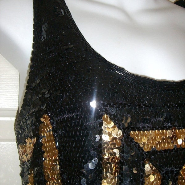MOVING SALE 80 vintage Black and Gold  Sequin Tank Dress.  geometric pattern.  prom. party.  disco.
