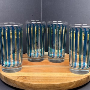 Vintage Libbey Sea Garden Glasses (Set of 4) | Blue & Green Stripes, Gold Wheat | 1950s | MCM