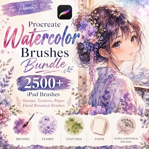Procreate Watercolor Brushes Bundle, 2500+ iPad Brushes, Stamps, Textures, Paper, Floral Botanical Brush Set