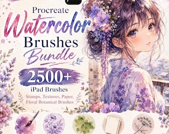 Procreate Watercolor Brushes Bundle, 2500+ iPad Brushes, Stamps, Textures, Paper, Floral Botanical Brush Set