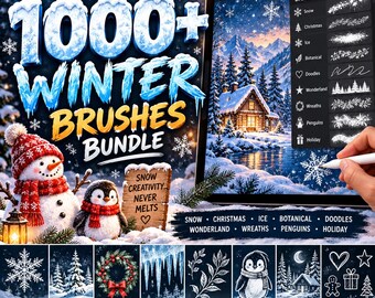 1000+ Procreate Winter Brushes Bundle | Snow, Christmas, Ice, Botanical, Doodles, Wonderland, Wreaths, Penguins, Holiday Brushes for iPad