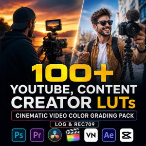 Puede incluir: Imagen promocional de recursos de edición de vídeo. El texto dice "100+ YOUTUBE, CONTENT CREATOR LUTS" con "CINEMATIC VIDEO COLOR GRADING PACK" debajo. Hay iconos de software de edición en la parte inferior. Se muestran dos personas filmando con cámaras.