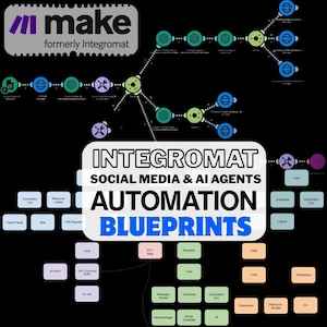 Puede incluir: Un diagrama con el logotipo "make", anteriormente Integromat, y las palabras "INTEGROMAT SOCIAL MEDIA & AI AGENTS AUTOMATION BLUEPRINTS". El diagrama presenta nodos interconectados y cuadros de texto, que ilustran un flujo de trabajo o proceso.