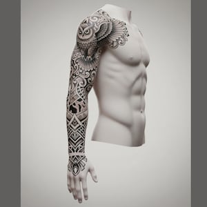 May include: A white mannequin torso featuring a detailed black and gray tattoo design covering the entire right arm and shoulder. The tattoo depicts a large owl on the shoulder, surrounded by intricate swirling patterns and geometric shapes.