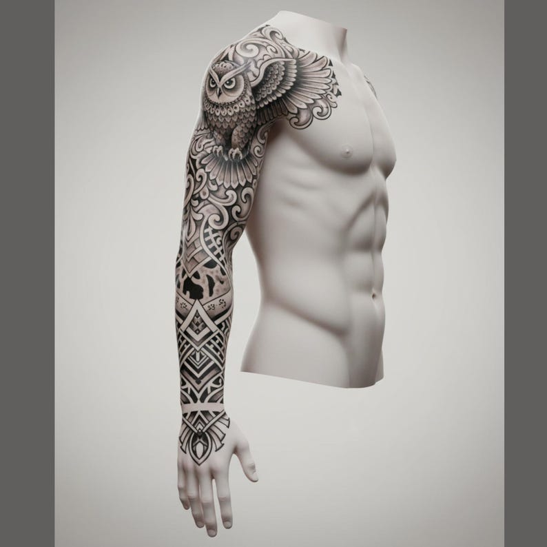 May include: A white mannequin torso featuring a detailed black and gray tattoo design covering the entire right arm and shoulder. The tattoo depicts a large owl on the shoulder, surrounded by intricate swirling patterns and geometric shapes.