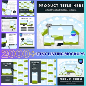 May include: A collection of digital mockups for Etsy listings, featuring various devices like computers, tablets, and phones. The image includes the text "PRODUCT TITLE HERE" and "2000+ ETSY LISTING MOCKUPS". The mockups are designed for instant download and are editable in Canva.