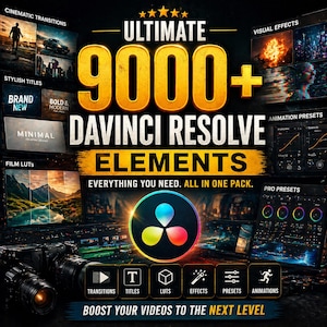 May include: A promotional graphic for DaVinci Resolve Elements, featuring the text "ULTIMATE 9000+". The design includes various visual elements like cinematic transitions, stylish titles, and animation presets. The color scheme is primarily gold, black, and blue.