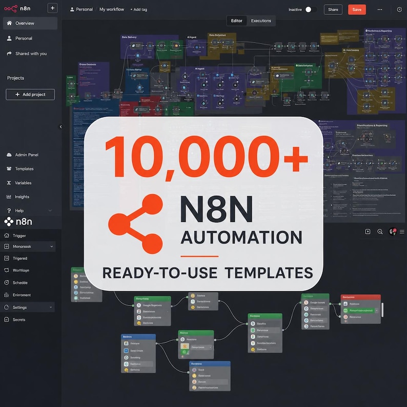 K&ouml;nnte beinhalten: Eine digitale Benutzeroberfl&auml;che zeigt ein komplexes Workflow-Automatisierungs-Dashboard mit miteinander verbundenen Knoten und Linien. Ein wei&szlig;es Overlay in der Mitte zeigt den orangefarbenen Text 10,000+ N8N AUTOMATION READY-TO-USE TEMPLATES.