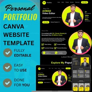 Könnte beinhalten: Ein Website-Vorlagendesign mit einem schwarz-türkisfarbenen Farbschema. Das Design enthält den Text "Personal Portfolio", "Canva Website Template" und "Fully Editable". Das Design zeigt auch ein Foto eines Mannes in einem Blazer.