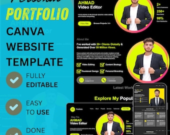 Canva Personal Portfolio Editable Website Template for UGC Resume, Digital CV, Freelancer Landing Page, Entrepreneur & Home Business Use